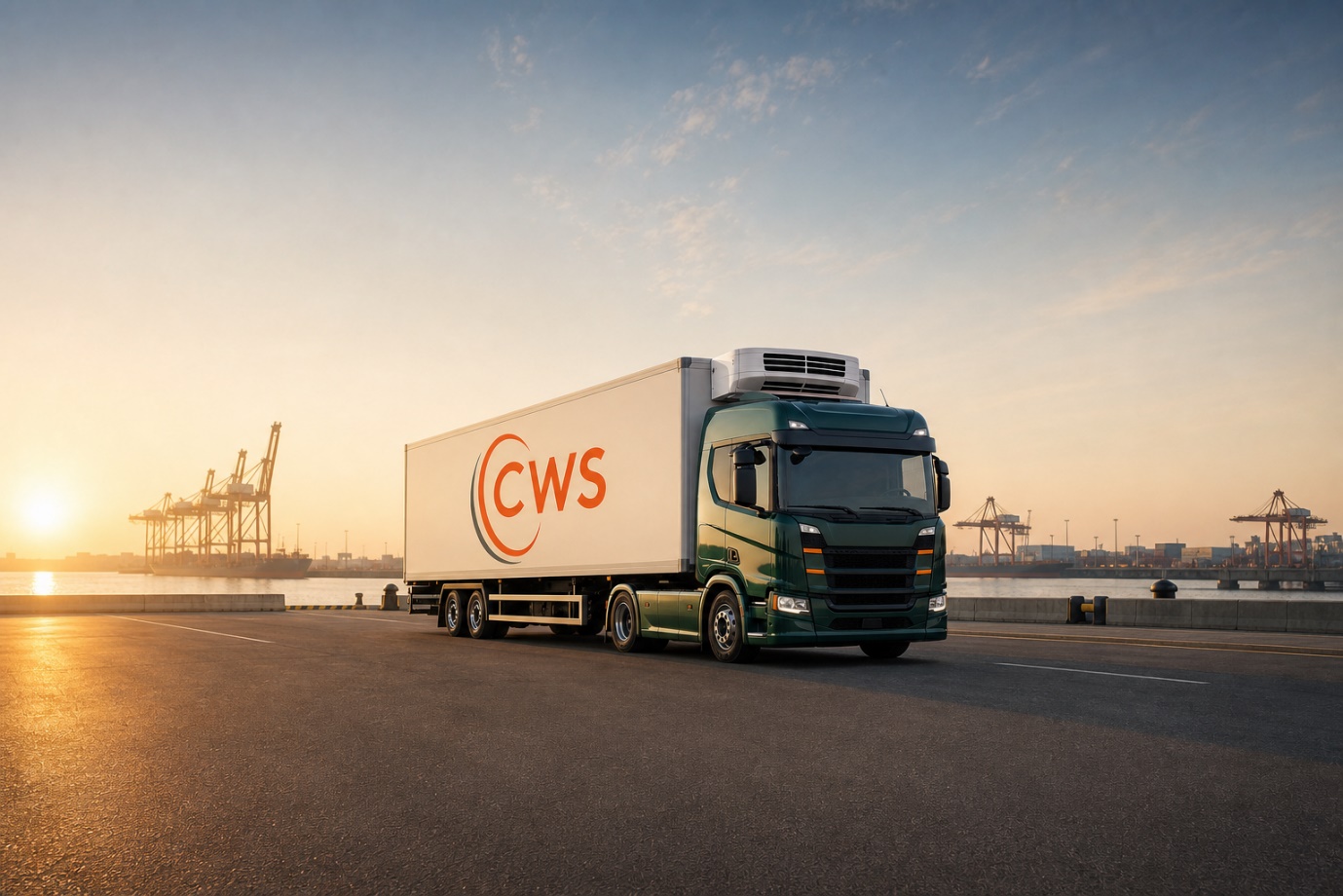 CWS refrigerated export truck at an international shipping port